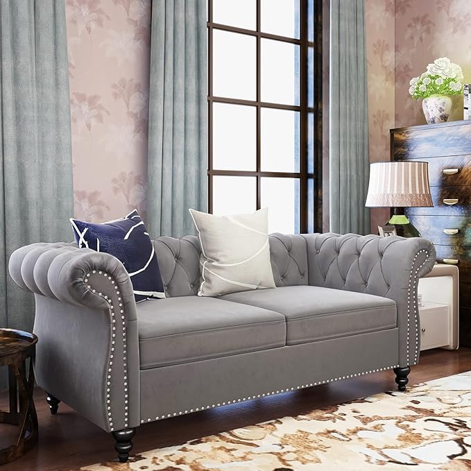 Mid-Century 2 Seater Sofa, Velvet Loveseat