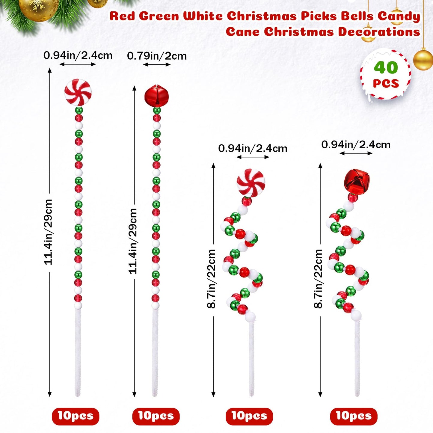 Liliful 40 Pcs Christmas Candy Cane Hanging Ornament Christmas Tree Curly Picks Twisted Lollipop Peppermint Strips and Bells Strips Candy Cane Decor for Xmas Tree Topper Party(Red, Green, White)