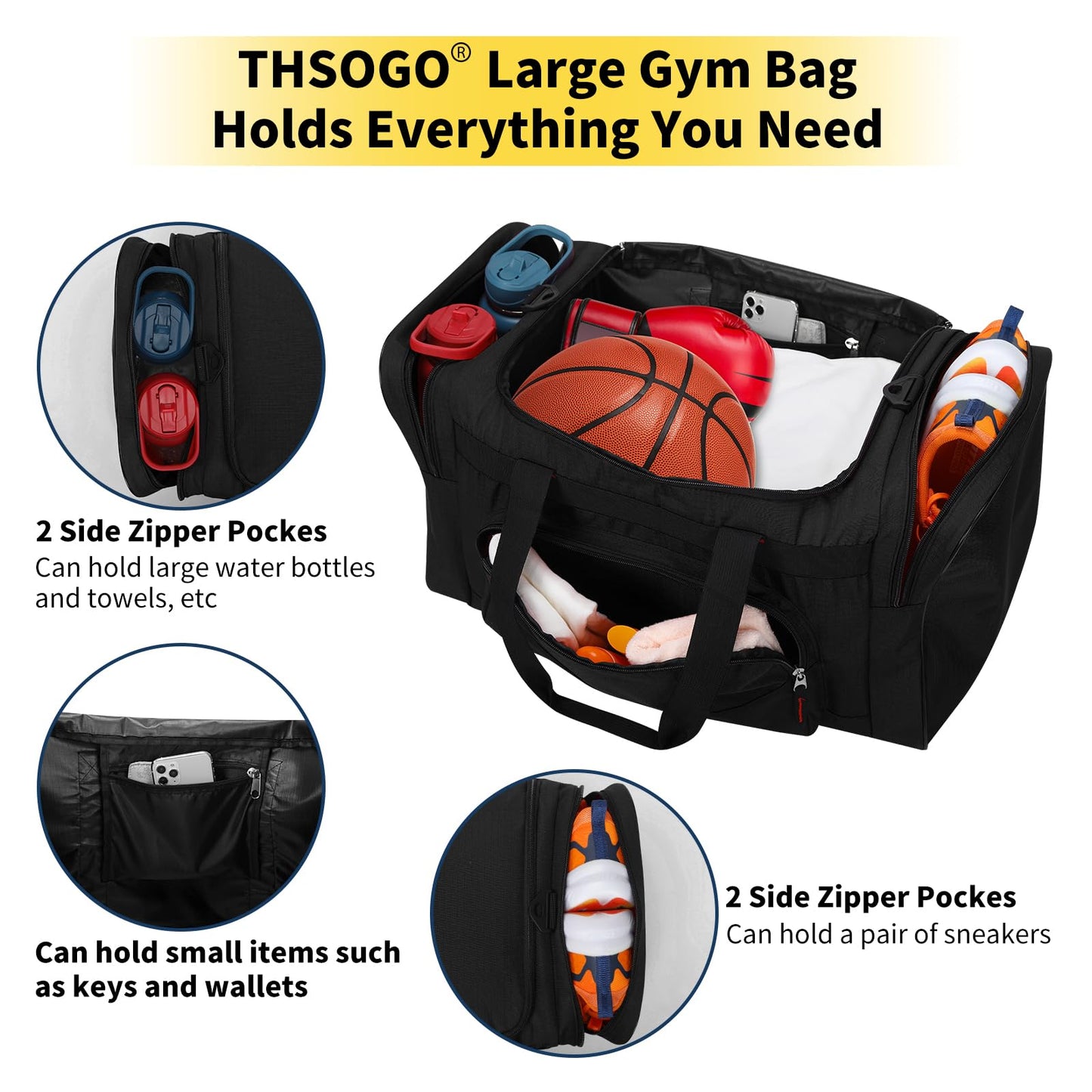 THSOGO 22 inch Gym Bag for Men - 55L Large Travel Duffle Bag Sports Equipment Bag with Multiple Zippered Pockets,Outdoor Workout Duffle Bag for Overnight Weekend - Black