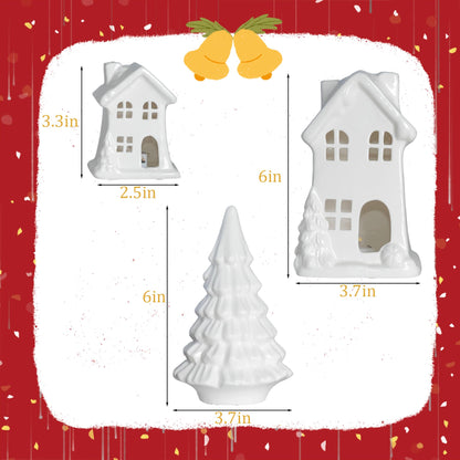 NEROSUN Ceramic Christmas Village Houses, 3Pcs LED Lighted Porcelain White Small House and Xmas Tree Tabletop Figurines, Light Up Christmas Decorations for Home Shelf Cabinet Table Winter Decor
