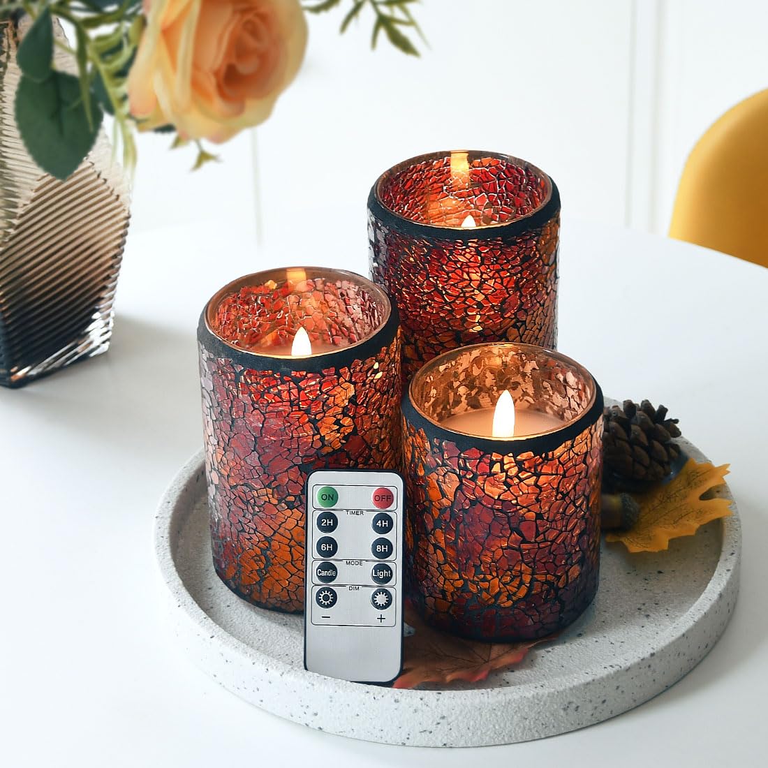 TELOSMA LED Mosaic Flameless Candle, Red Yellow Cracked Glass Pattern Pillar Candle - Centerpieces Table Bed Fireplace Autumn Decor - Set of 3