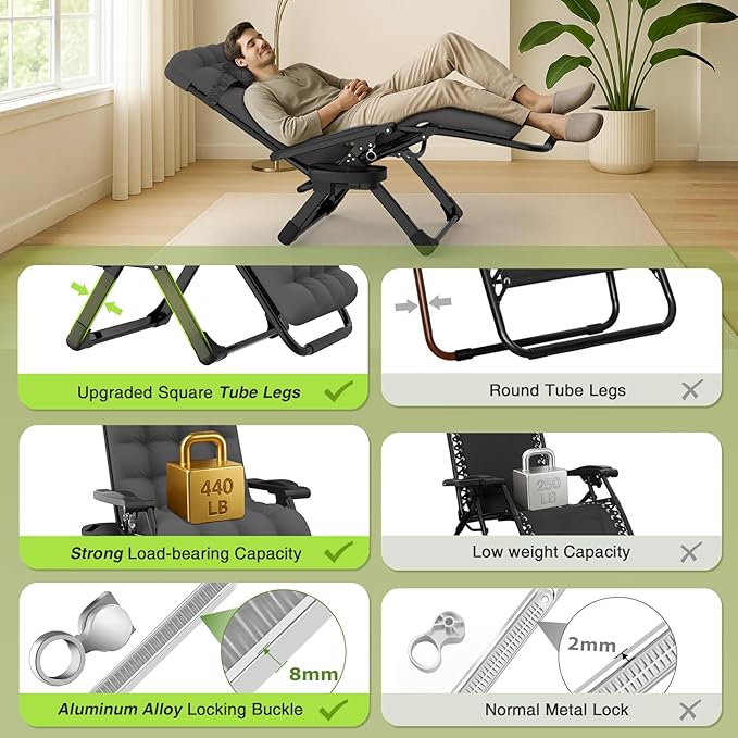 Suteck Zero Gravity Chair, Reclining Camping Lounge Chair w/Removable Cushion, Upgraded Lock and Cup Holder, Reclining Patio Chairs Folding Recliner for Indoor and Outdoor