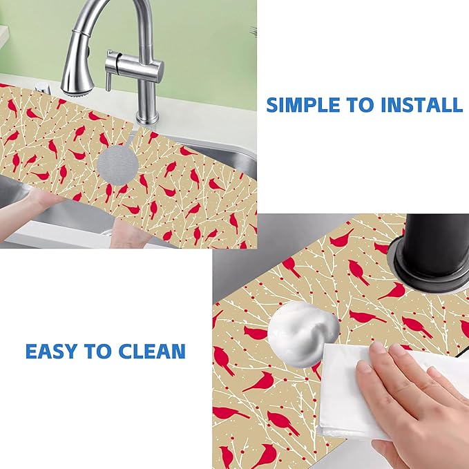 Christmas Cardinal Birds Kitchen Sink Splash Guard Mat Absorbent Fast Drying