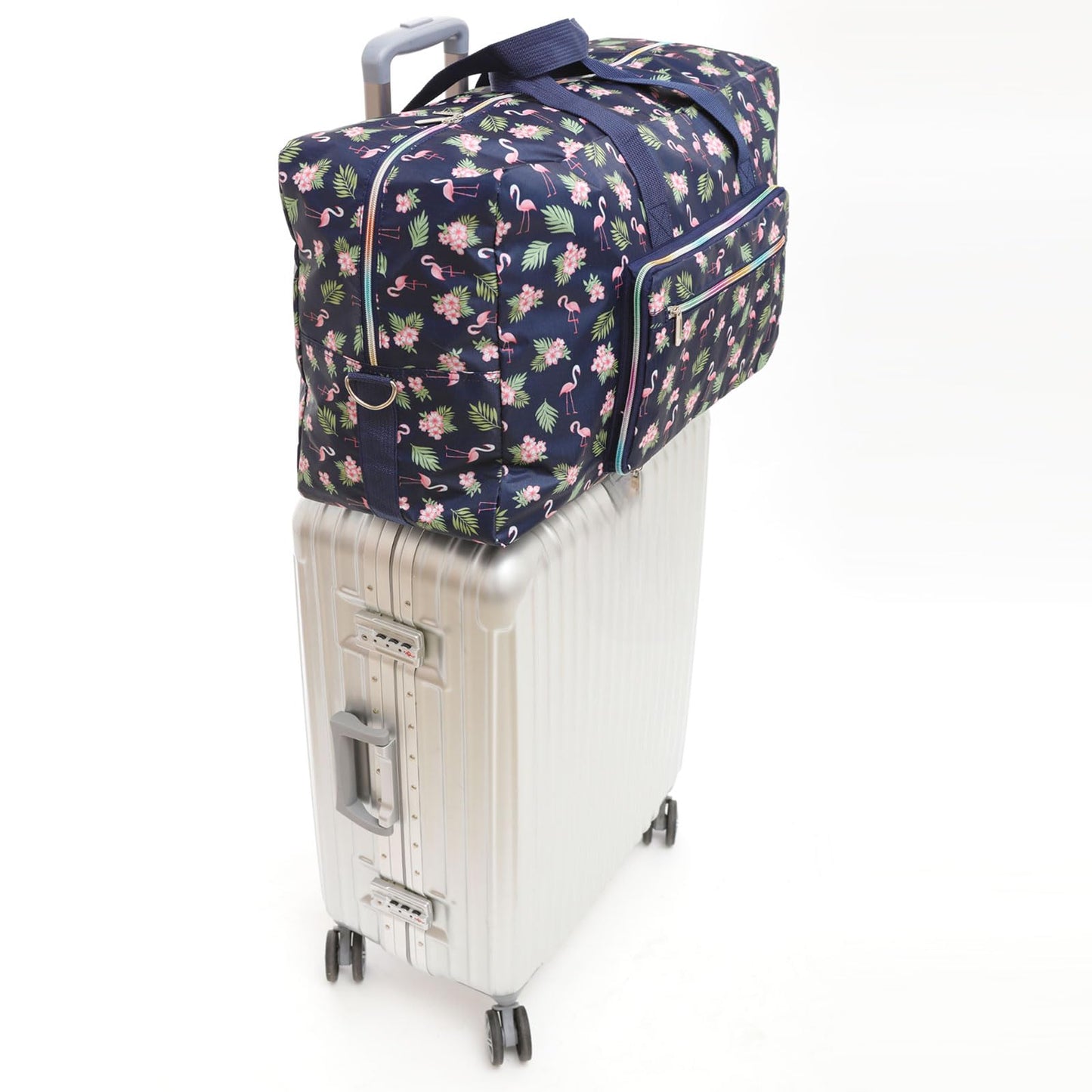 Arxus Large Foldable Duffel Tote Carry on Weekend Overnight Travel Bag Over Luggage with Shoulder Strap (Blue Flamingo)