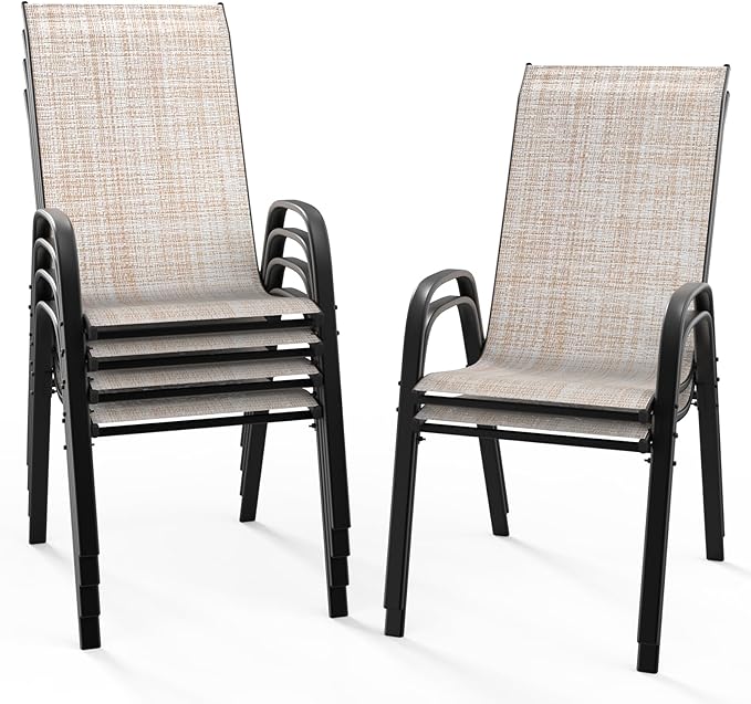 VINGLI Patio Chairs Set of 6 – Stackable Outdoor Dining Chairs with Comfortable Sling High Back Chairs and Armrests for Lawn, Poolside, Courtyard, Balcony, Garden, Yellow