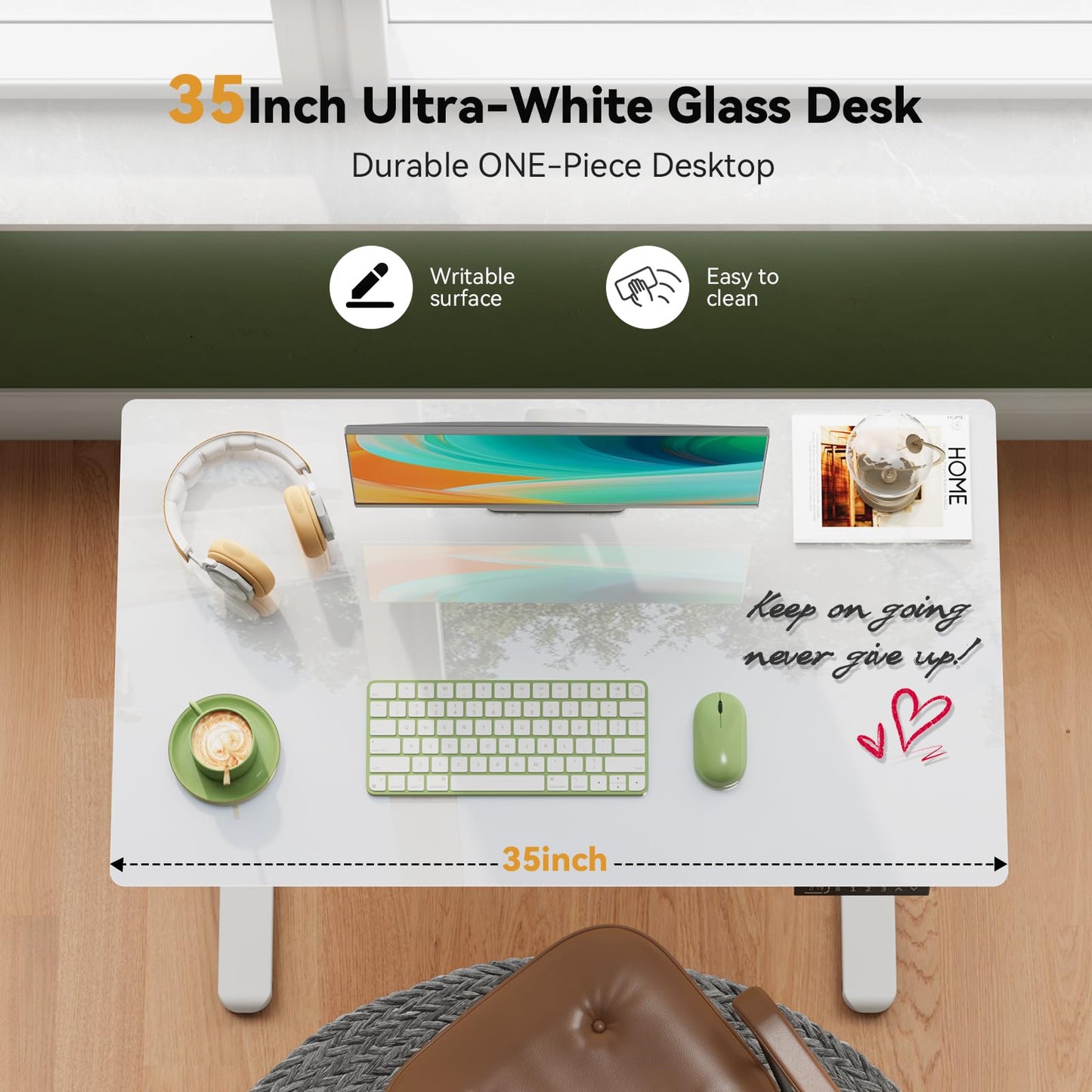 Gibbon Mounts Glass Standing Desk with Drawer, 35×20Inch Whole Piece Height Adjustable Rising Desk, Electric Sit Stand Desk with Wheels, Small Computer Desk, White