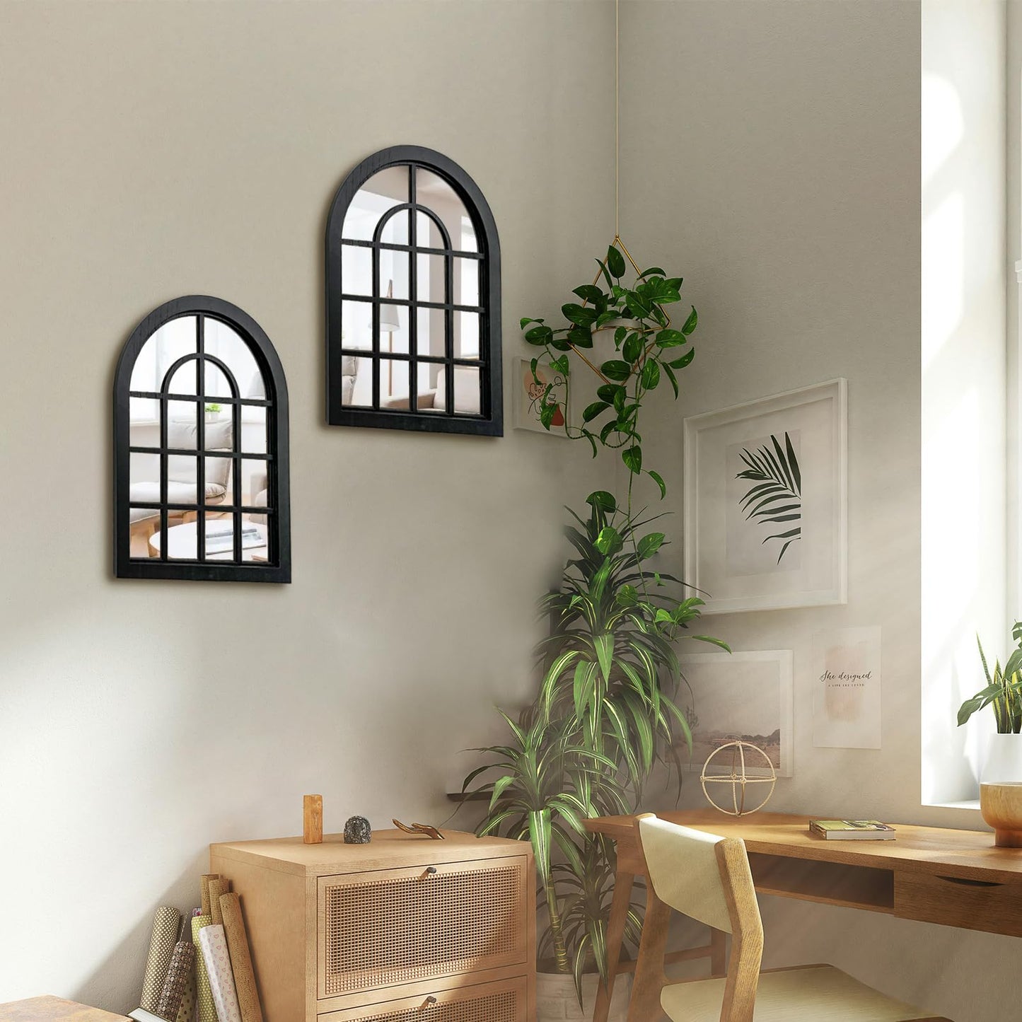 ZEXUIRU 2 Set Rustic Wall Mirrors for Bedroom Bathroom Living Room Entryway Wood Farmhouse Easy to Hang Framed Decorative Accent Hanging Wall-Mounted Mirror Set for Living Room - Black