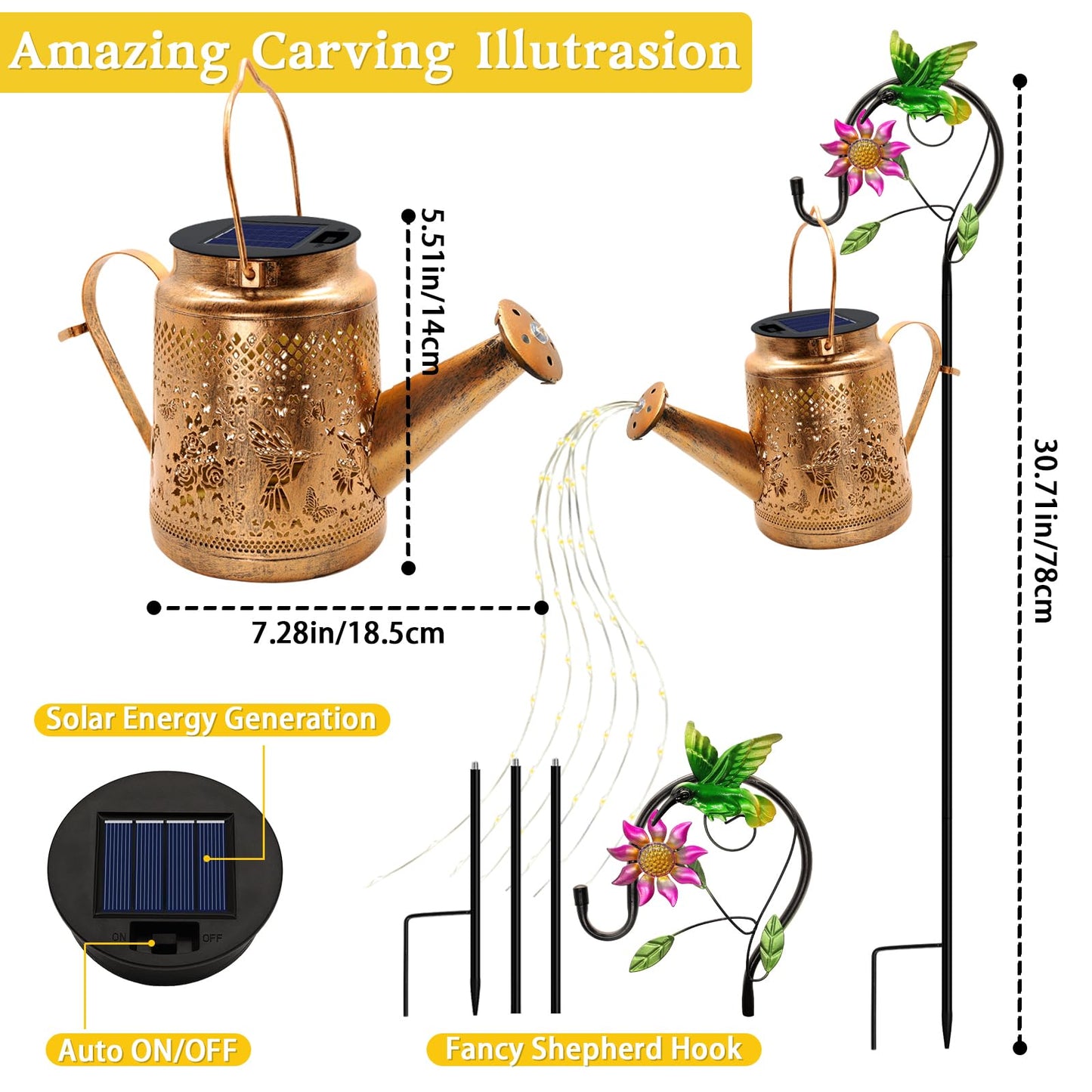 Solar Lanterns Outdoor Waterproof, Hummingbird Watering Can Garden Decor, Hanging Solar Path Lights Yard Art, Outside Patio Decoration Gardening Birthday Gifts for Mom Grandma Women with Shepherd Hook