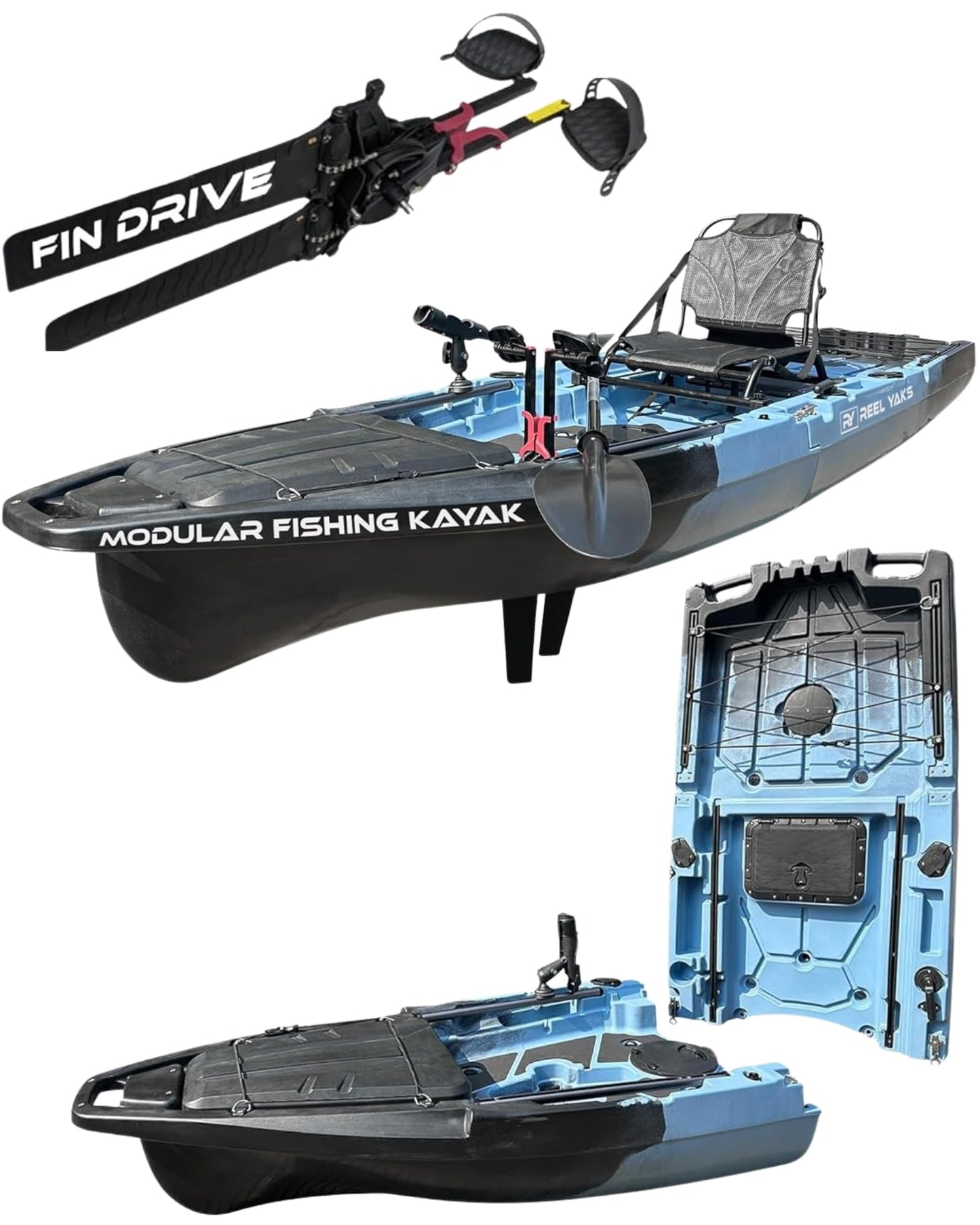 Reel Yaks Recon Modular Fishing Kayak - Fin Drive, 10.5ft, 400 lbs Capacity, Blue Gray - Pedal Fishing Kayaks for Adults & Youth, Sit on Top, Compact Storage, Lightweight, Durable, Easy Transport