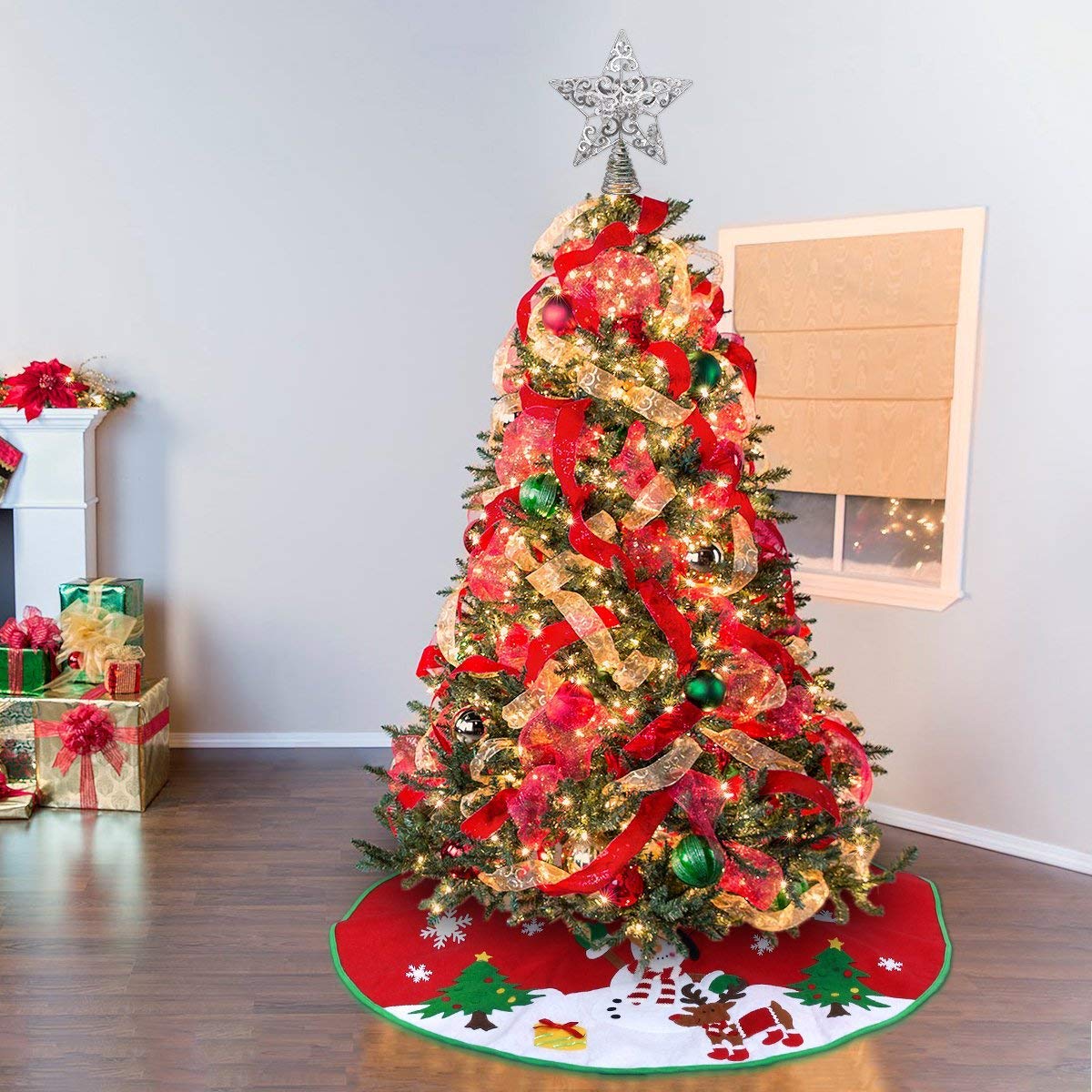 Wrought Iron Silver Star Tree Topper 9.84 Inch Christmas Tree Decoration with Hollow Design for DIY Lights