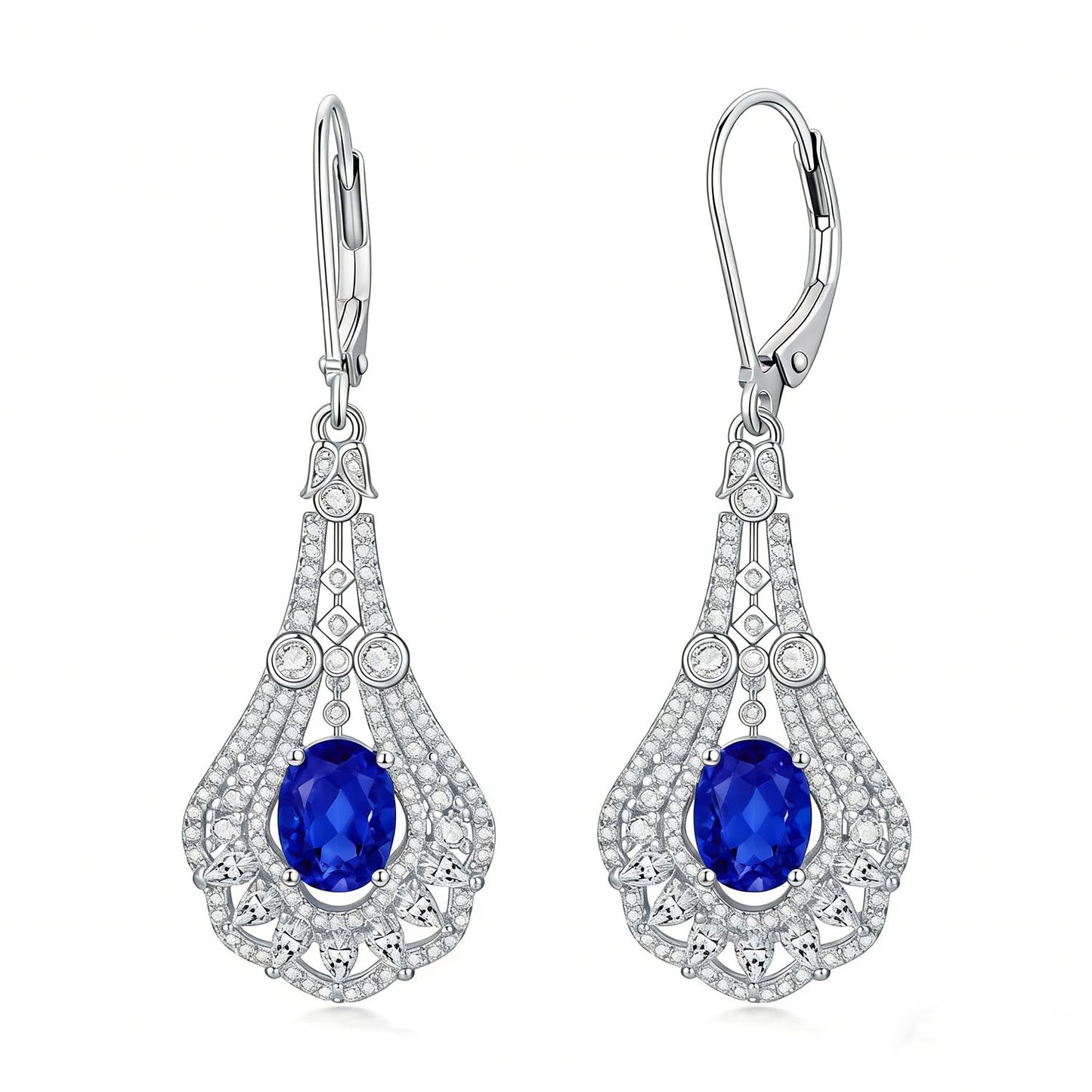 Lvoryance 1.5CT Created Blue Sapphire Earrings 925 Sterling Silver 6mm * 8mm Oval Cut September Birthstone Drop Earrings for Women