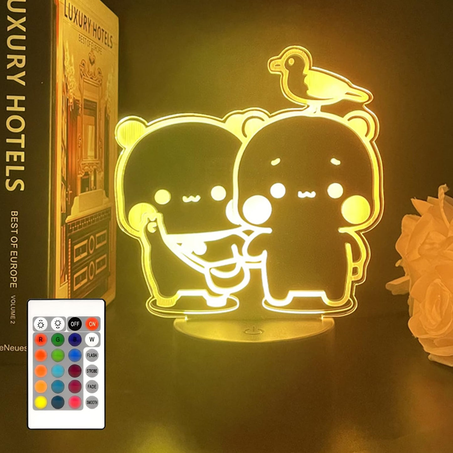 orakoliya 3D Night Light Bubuuu and Duduuu Gifts, Bear Shaped Table Lamp with Remote Control Gifts for Girls Birthday Christmas Valentine