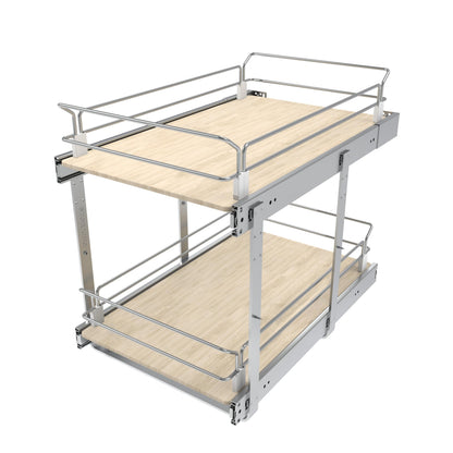 2 Tier Pull Out Cabinet Organizer 15" W X 22" D, Slide Out Drawers For Kitchen Cabinets, Pull Out Drawers For Cabinets Capacity Heavy Duty Caddy, Cabinet Pullout Shelves Wood Chrome, Pantry Storage