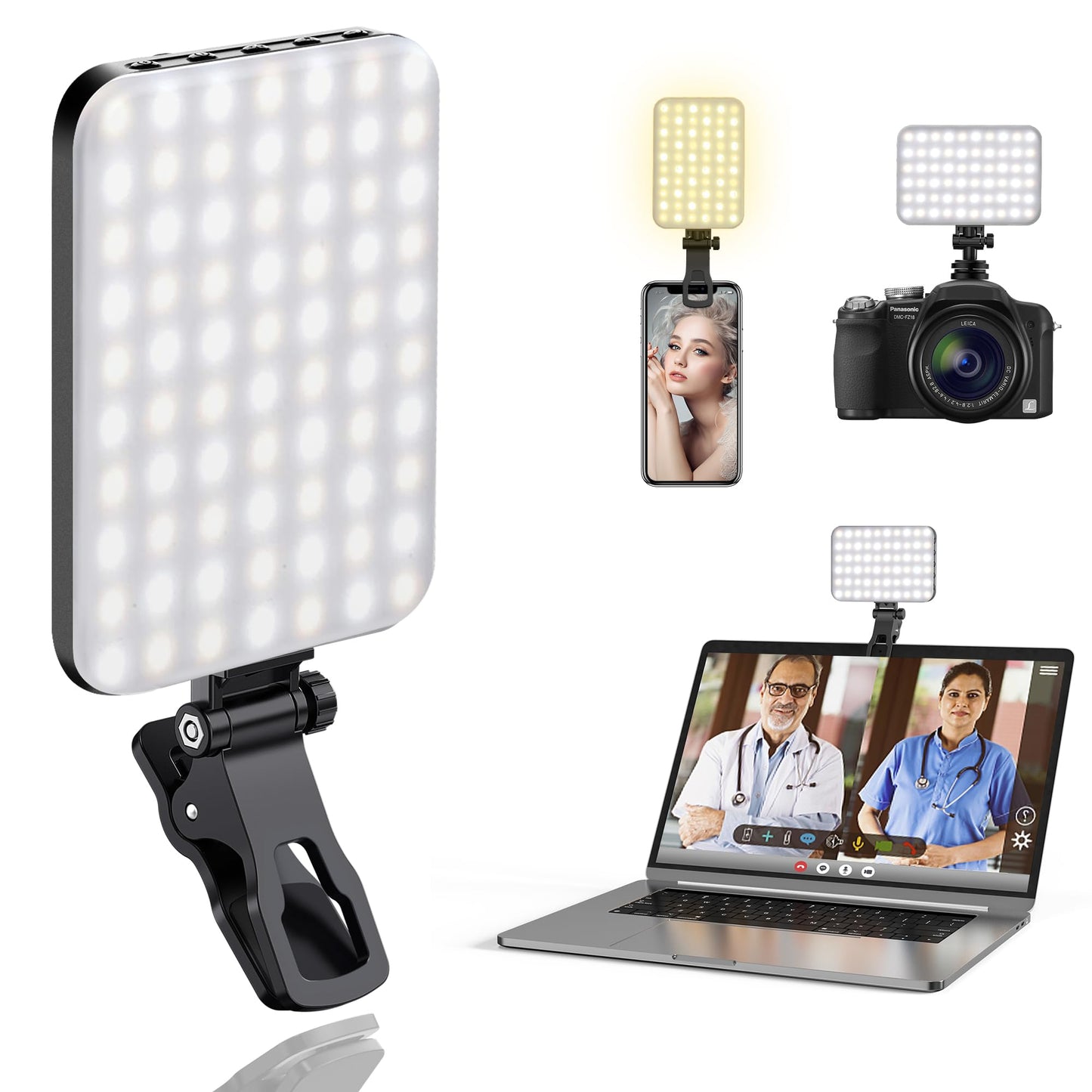 ALTSON 60 LED Portable Selfie Light Video Conference Lighting with Clip and Camera Tripod Adapter, Rechargeable 2200mAh CRI 97+, 3 Lighting Modes for Mobile Phones iPhone Camera Laptop Photo Make-up