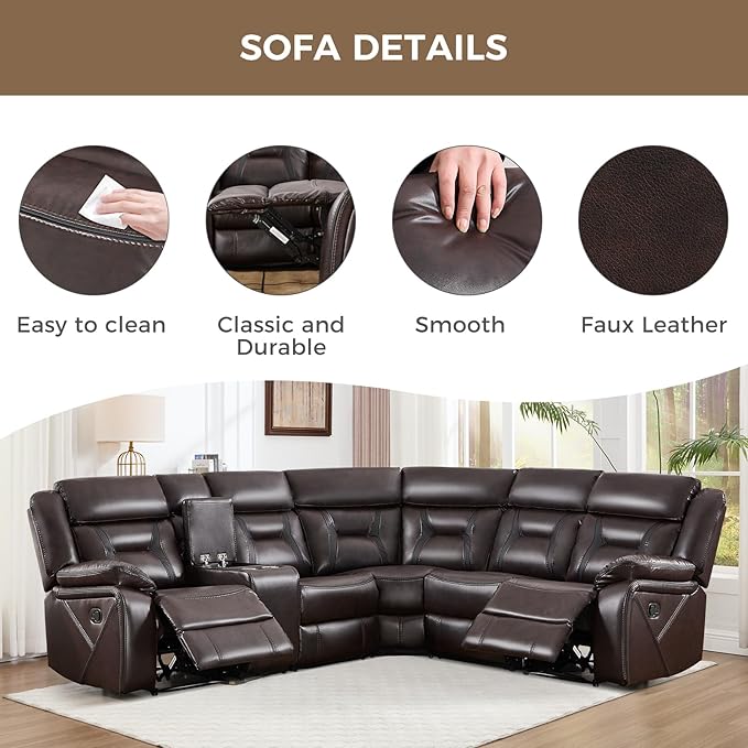 EBELLO Faux Leather Reclining Sectional Sofa Set