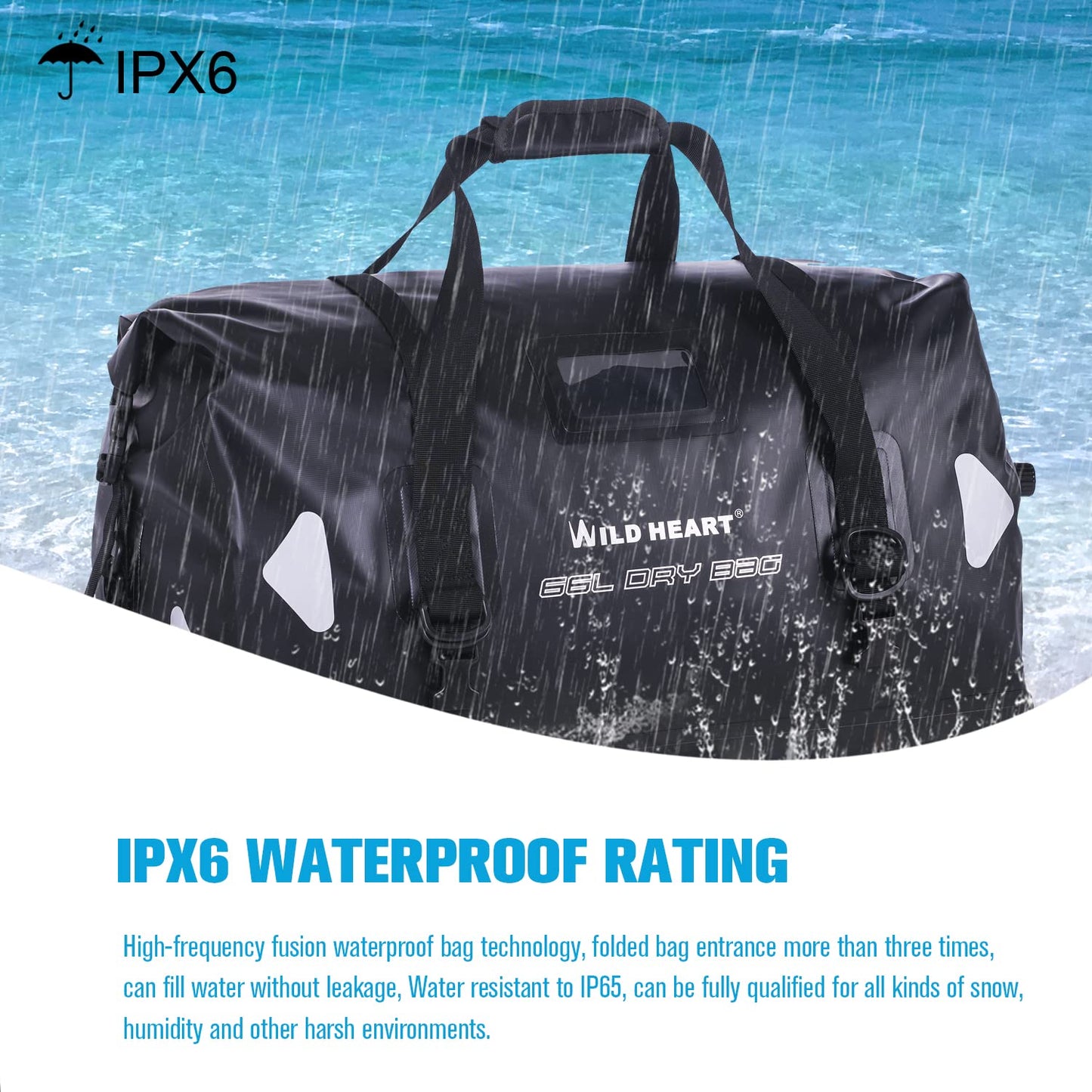 WILD HEART Waterproof Travel Bag PVC500D Double Base with Rope Strap and Inner Pocket 40L 66L 100L, Black, 40L, Waterproof Travel Bag