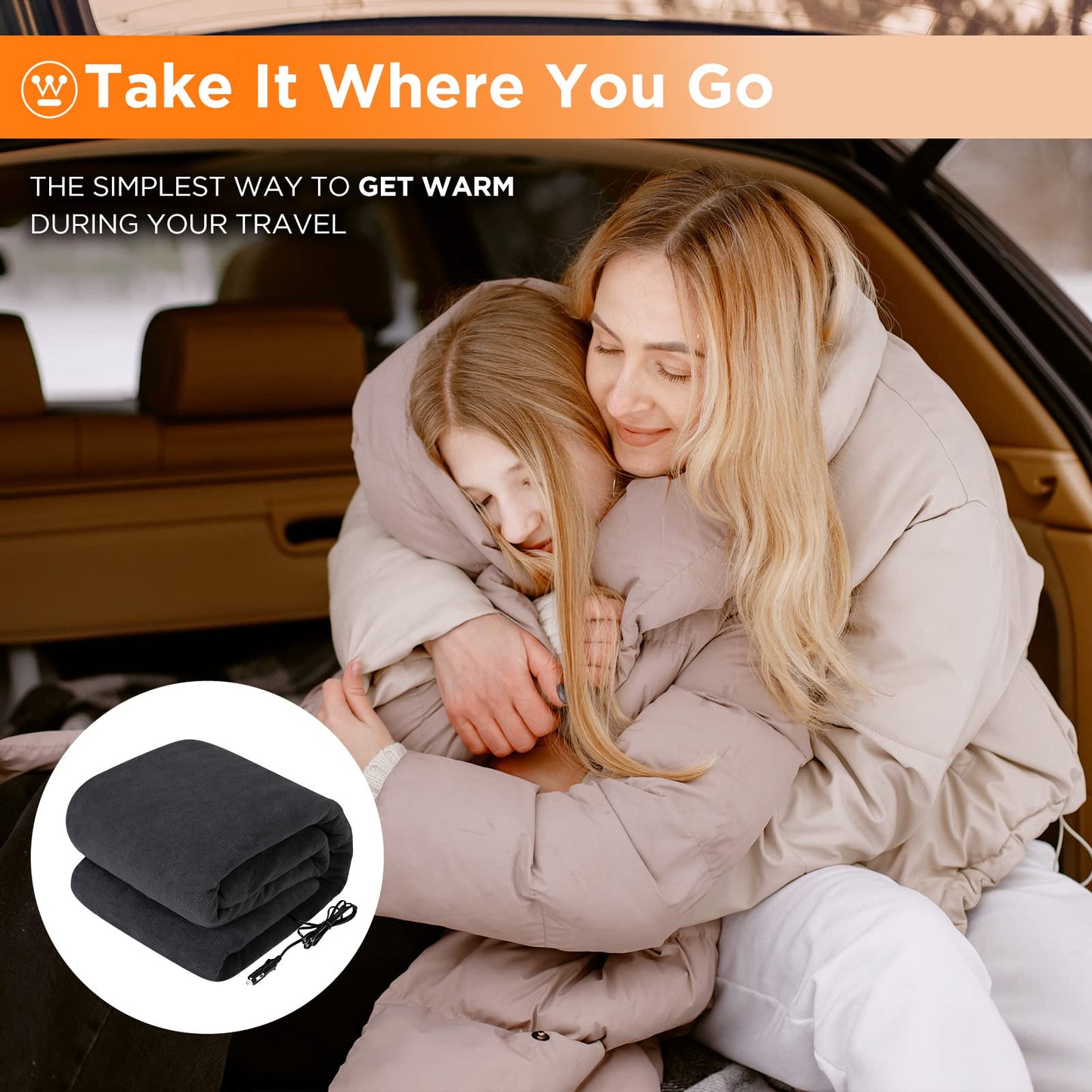 Westinghouse Heated Car Blanket, 12-Volt Electric Blanket for Car, Truck, SUV, RV, Portable Heated Throw for Camping, Grey Buffalo Plaid, 59" x 43”