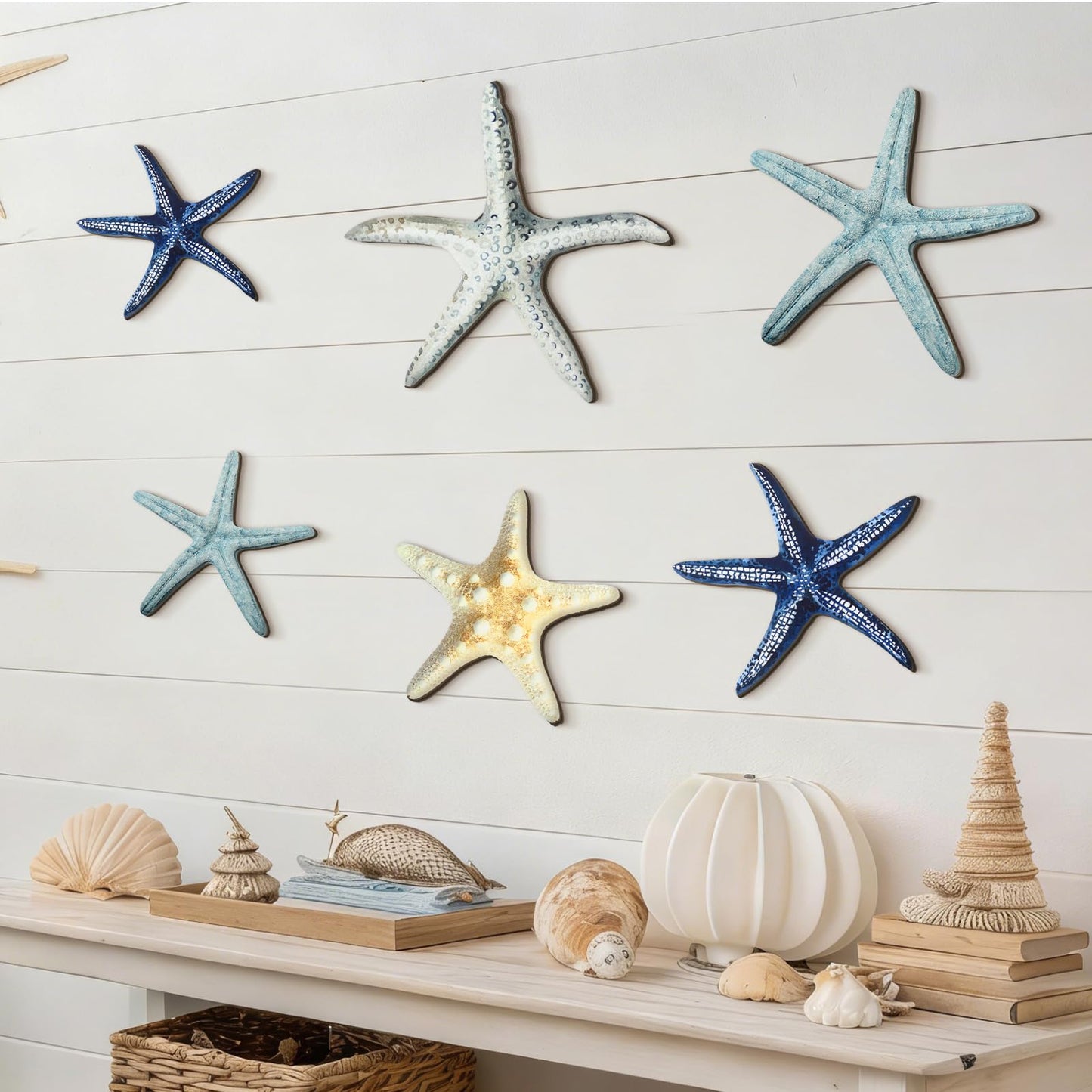 CroBlissful 6 Pcs Summer Starfish Wall Decor Beach Starfish Wooden Wall Art Beach Coastal Wooden Sign with Hook Summer Hanging Decoration for Home Farmhouse Sculpture Indoor Outdoor
