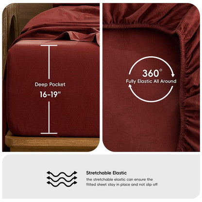 MooMee Fitted Bottom Sheet Only 100% Washed Cotton Linen Like Textured Breathable Durable Soft Comfy Deep Pocket Fits Mattress up to 17" (Solid Fired Brick Red, Queen)
