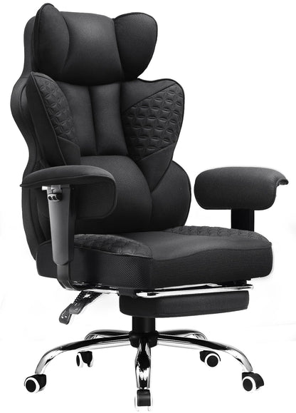 COMHOMA Big and Tall Office Chair Heavy Duty Wide Ergonomic Fabric Deluxe Embossing Designed Gaming Chair with Foot Rest,150°Reclining Adjustable Armrests Pocket Spring Back Support and Pillow