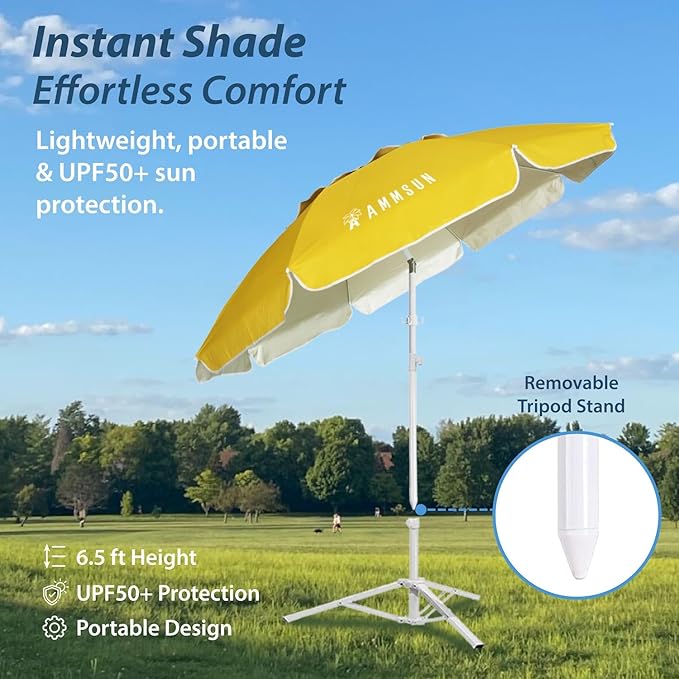AMMSUN Shade Umbrella, Premium Portable Umbrella with Stand, 6.5ft Lightweight Free Standing Canopy for Sporting Games, Adjustable Instant Sun Protection and Easy to Carry, Yellow