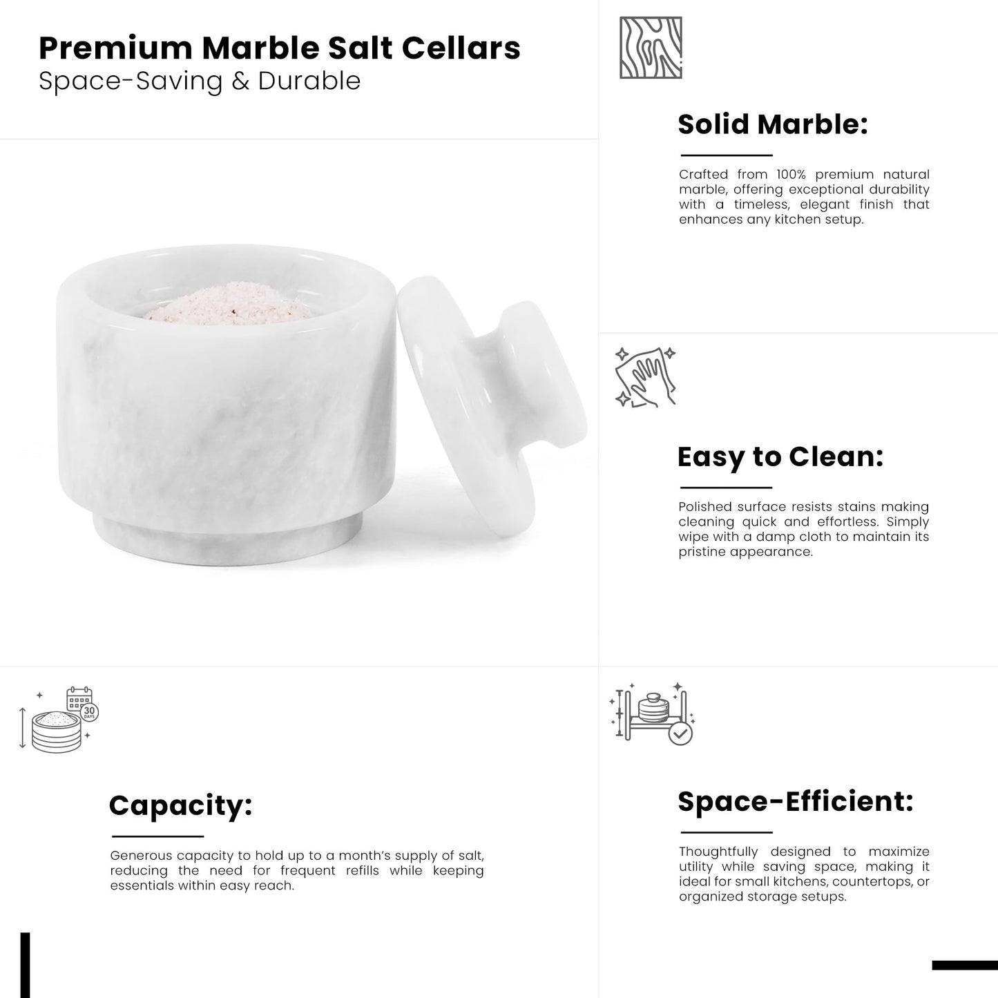 MARBLOUS KRAFTS Set of 3 Marble Salt Cellars with Lids 3" Inch White Salt Holders for Kitchen, Dining, Spices, or Gifts, Modern, Practical Storage for Salt & Spices in Any Kitchen or Dining Room.
