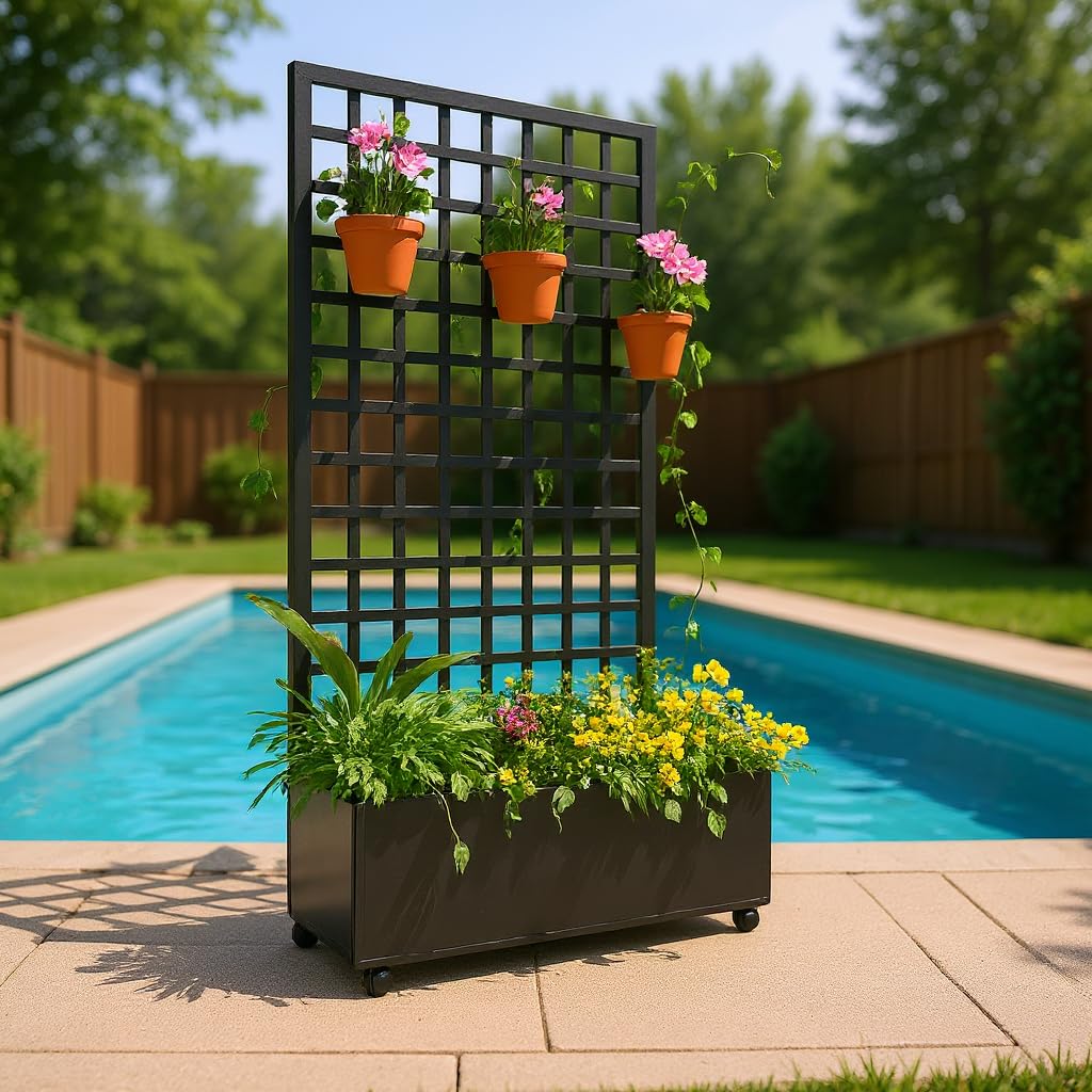 GarveeLife Metal Planter Box, with Square Lattice Trellis Planter Box, for Climbing Plants and Vines, Galvanized Raised Garden Bed On Wheels, Garden Bed with Trellis(72 in x35 in Black)