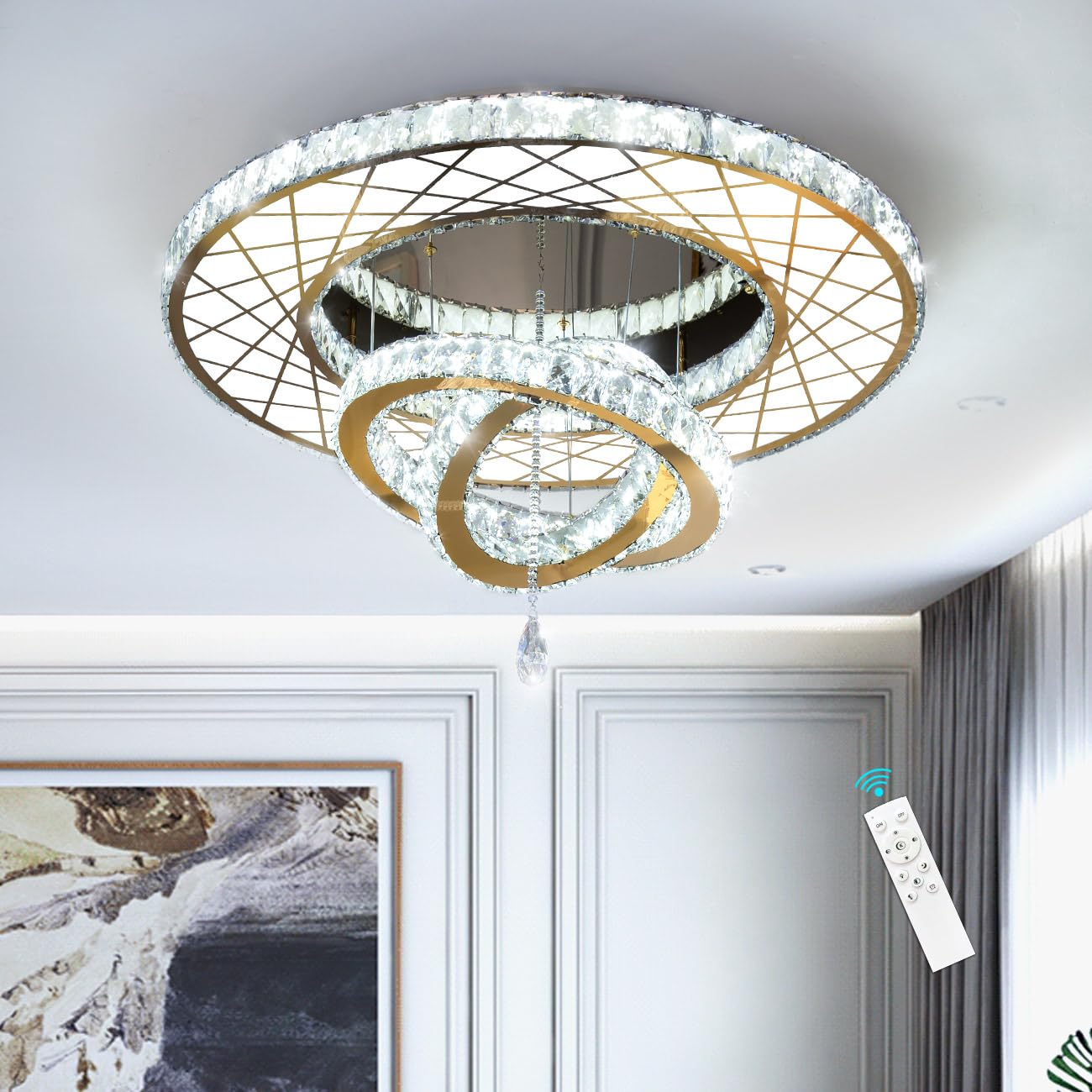 HAIXIANG Modern Glam Chandelier LED Crystal Ceiling Chandeliers Light for Bedroom Living Room Dining Room Lighting Fixture 24 inch Gold Remote Dimmable Lights