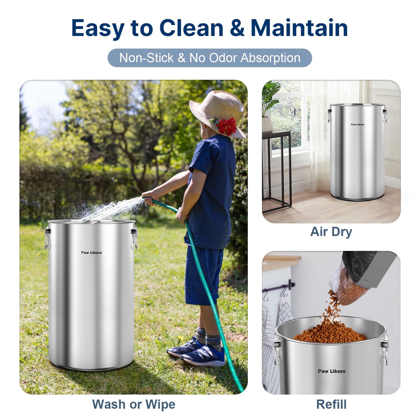 Paw Libero 2PK 35 Lbs total 70Lbs Stainless Steel Dog Food Storage Container with Airtight Wooden Lid & Ceramic Bone Handle, Large Metal Dog Food Bin for Dogs & Cats, Keep Fresh, Easy to Clean
