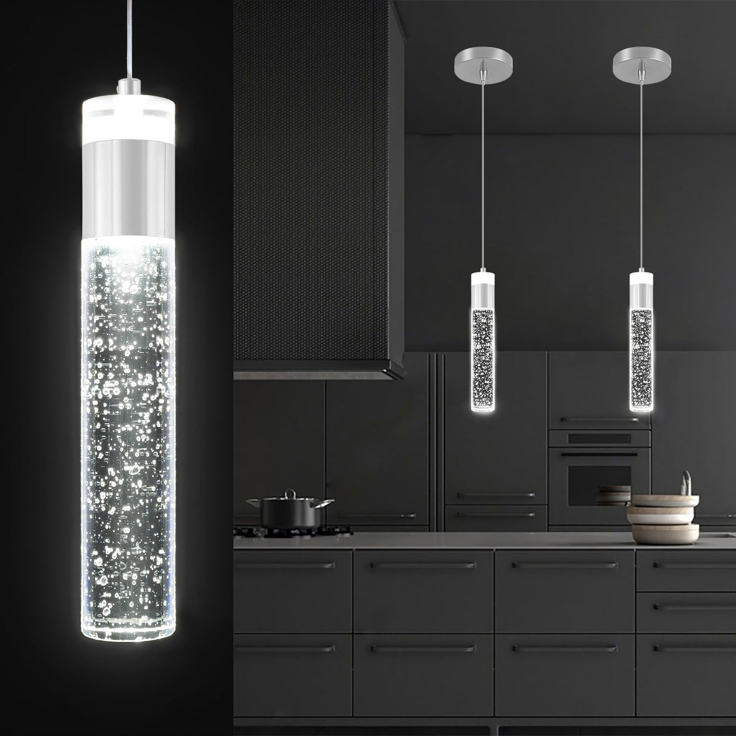 IDEQUY Modern LED Chrome Crystal Pendant Light Kitchen Island, Bedroom Bedside Hanging Ceiling Lamp with Crystal Bubble Column, Dimmable 3000k-6000k 1-Light Independent