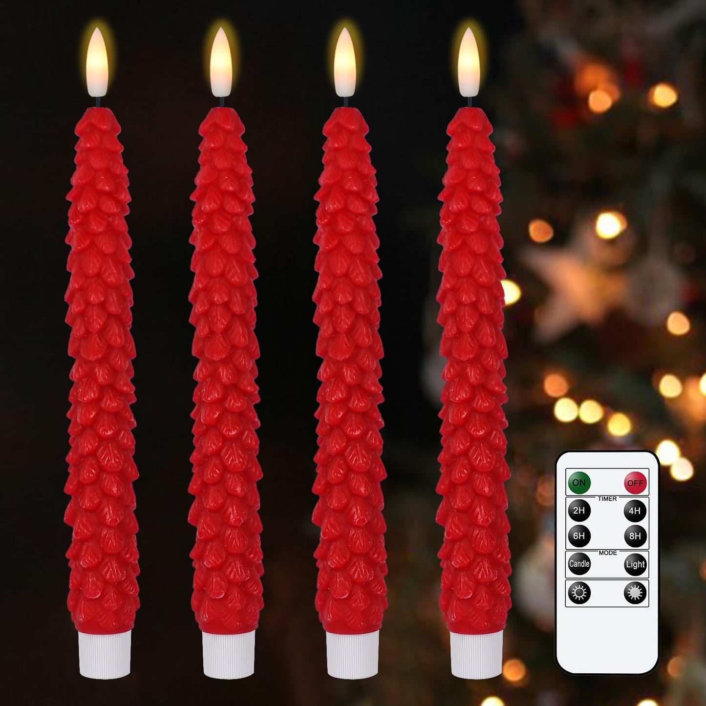 KunSwenn Christmas Tree Candles, 4 Pack Christmas Taper Candles with Remote Timer, Red LED Flameless Taper Christmas Candle Battery Operated for Holiday Xmas Decor(0.78” x 9.64”)