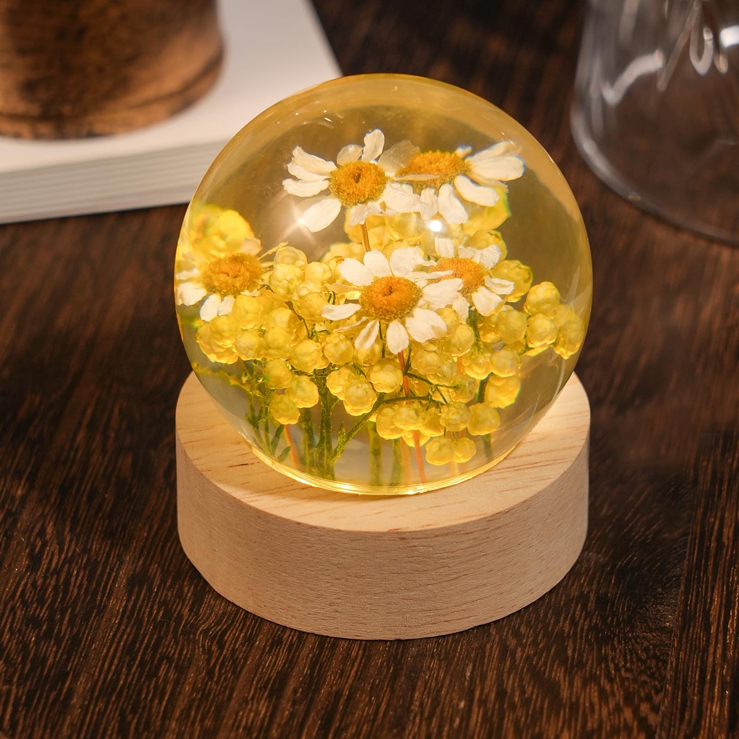 QNCMBUG Chamomile Crystal Ball Night Light - Real Chamomile Encased in Glowing Resin Ball, USB-Powered Desk Lamp with Wood Base, Unique Daisy Gift for Valentine's Day, Mother's Day & Home Decor