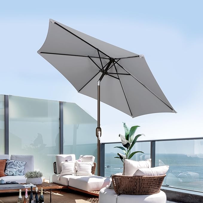 Blissun 7.5 ft Patio Umbrella, Yard Umbrella, Outdoor Market Umbrella with Push Button Tilt Crank, Grey