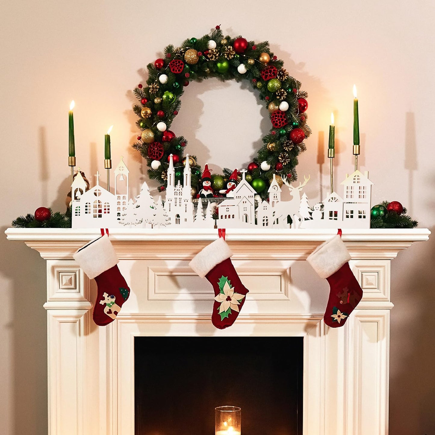 Colingmill 32 Inch Christmas Tabletop Decoration Wooden Christmas Themed White Church Xmas Tree and Elk Signs Farmhouse Centerpiece Decor for Home Kitchen Table Shelf Decor