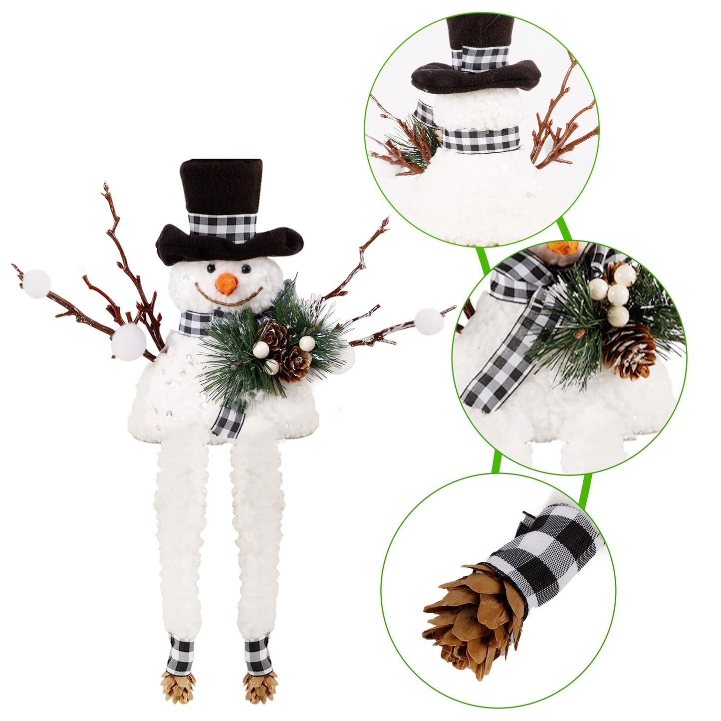 Lulu Home Christmas Snowman Decorations, Set of 2 Plush Shelf Sitters with Dangling Legs, Buffalo Checked Christmas Snowman Ornaments for Table Mantel Desk Fireplace Home Holiday Decor