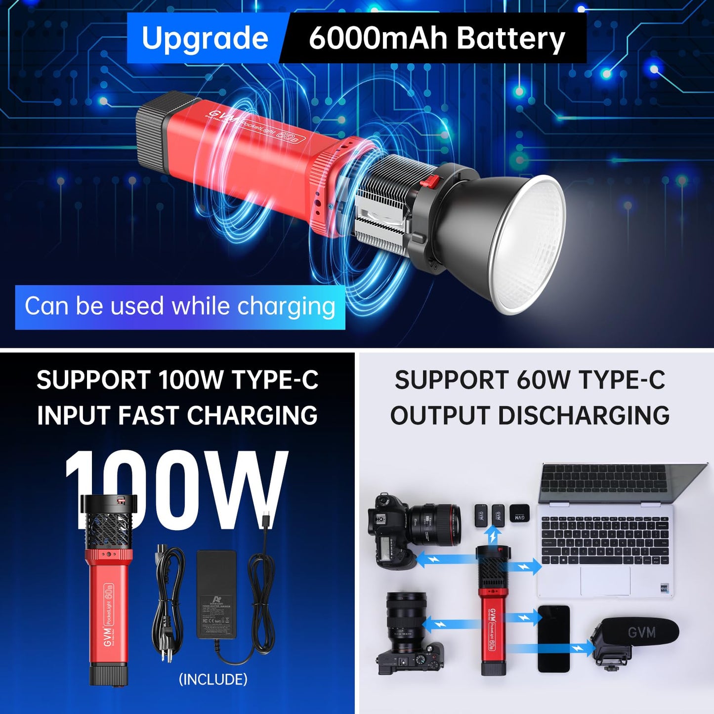 GVM PD60B Studio Lights with Bowen Mount Adapter, COB Photography Lighting with Fast Charger, Portable Video Light for Photographers Flashlight, Spotlight for APP Control, 2700-6800K, 49300LUX/0.5M