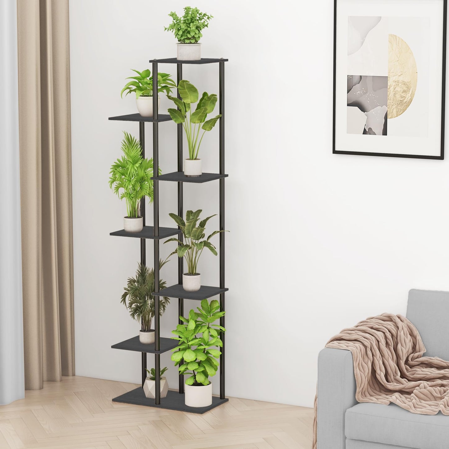 JEPRECO Plant Stand Indoor 7 Tier 8 Potted Metal Wood Plant Shelf, Multiple Flower Pots Corner Tall Plant Holder Stands for Living Room Balcony Bedroom, Black