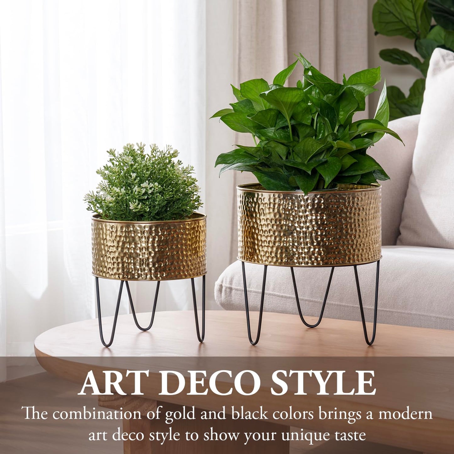 MyGift Modern Brass Tone Metal Planter Pots with Pebbled Texture, Hammered Plant Containers with Matte Black Wire Stands, 2 Piece Set, 8 and 10 Inch - Handcrafted in India