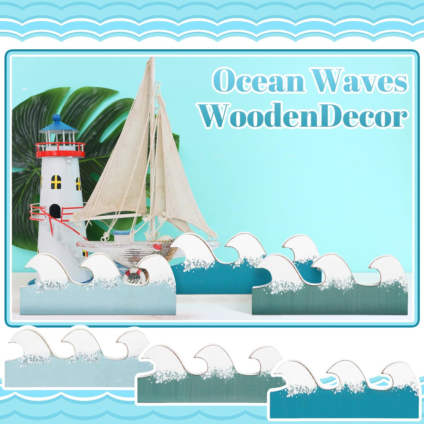 Qunclay 3 Pcs Coastal Table Decor Wooden Waves Ocean Decor Summer Beach Tiered Tray Blue Wave Sign Centerpieces for Table Home Office Bedroom Nursery