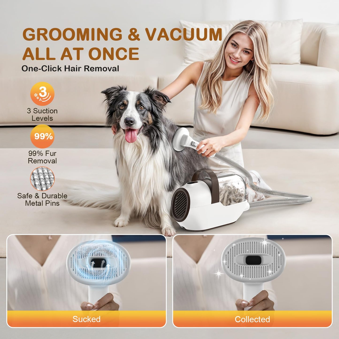 Ozumek Dog Grooming Vacuum, Dog Grooming Kit with Pet Clipper Nail Grinder, 6 Pet Grooming Tools（Mahogany）
