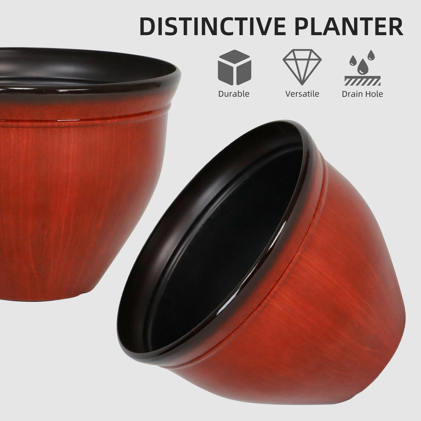 Worth Garden 12-Inch Dia. Round Red Plastic Planters with Drain Holes, 9.5-Inch Height - 4-Pack Glossy Finish Bell-Shaped Plant Pot – Lightweight Indoor/Outdoor Flower Pots