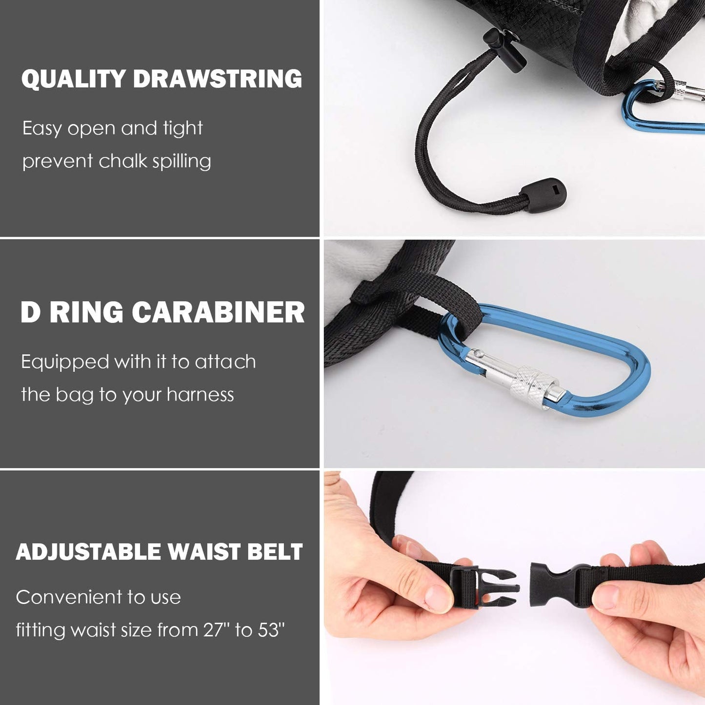 Rhino Valley Climbing Chalk Bag, No Leak Drawstring Chalk Bag with Adjustable Belt, Carabiner Clip and Zippered Pockets Chalk Bag for Rock Climbing, Cross Fit, Weight Lifting & More, Black