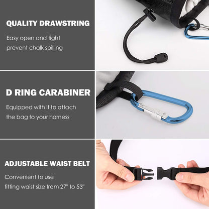 Rhino Valley Climbing Chalk Bag, No Leak Drawstring Chalk Bag with Adjustable Belt, Carabiner Clip and Zippered Pockets Chalk Bag for Rock Climbing, Cross Fit, Weight Lifting & More, Black