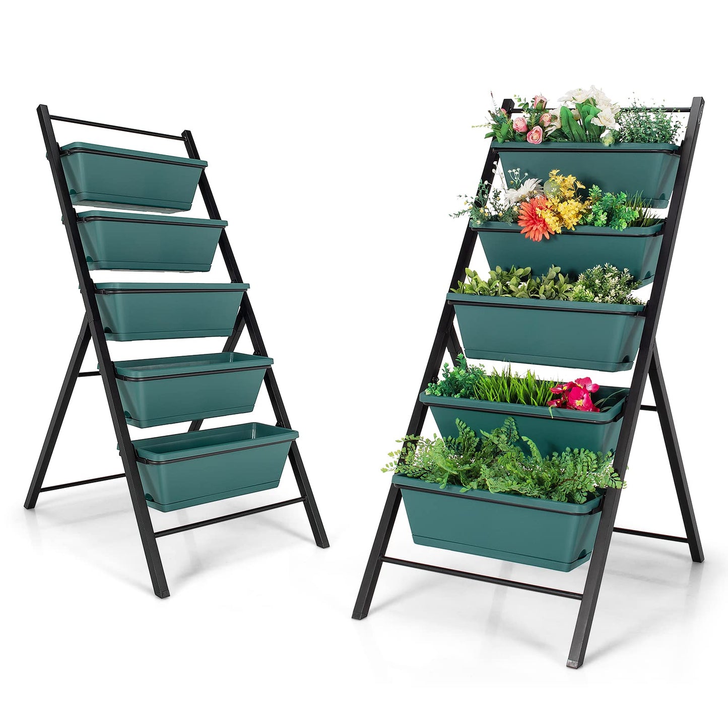 Giantex Set of 2 Vertical Planter Raised Bed, Elevated Garden Beds with Water Drainage Hole, Freestanding 5 Container Boxes for Herb Vegetables Flowers Growing, Outdoor Indoor Patio Balcony