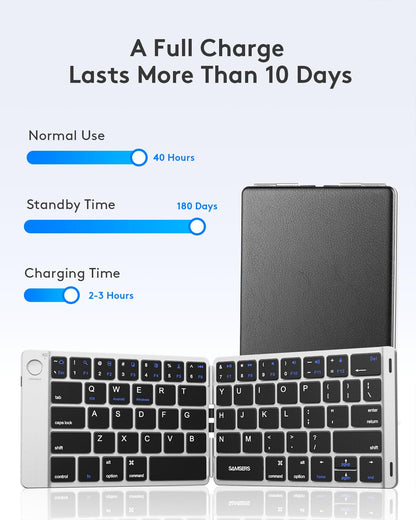 Samsers Foldable Bluetooth Keyboard - Portable Wireless Keyboard with Stand Holder, Rechargeable Full Size Ultra Slim Folding, Compatible iOS Android Windows Smartphone Tablet and Laptop - Black