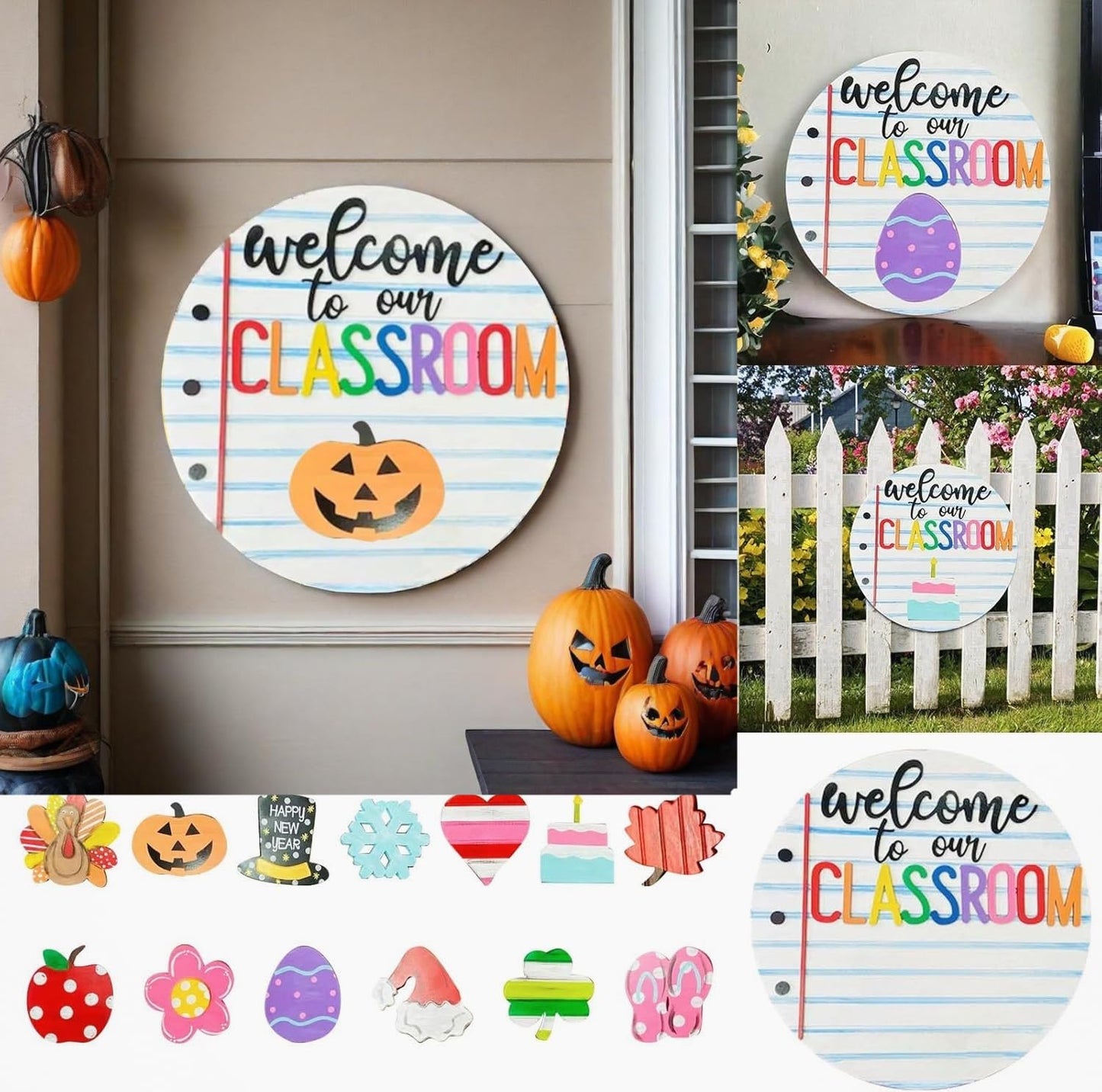 Welcome to Classroom Front Door Decoration Sign, Seasonal Door Sign,-12 inch Interchangeable Wooden Plaque for Classroom/Home, DIY Wall Decor for Christmas Holidays & Back-to-School,13 Patterns