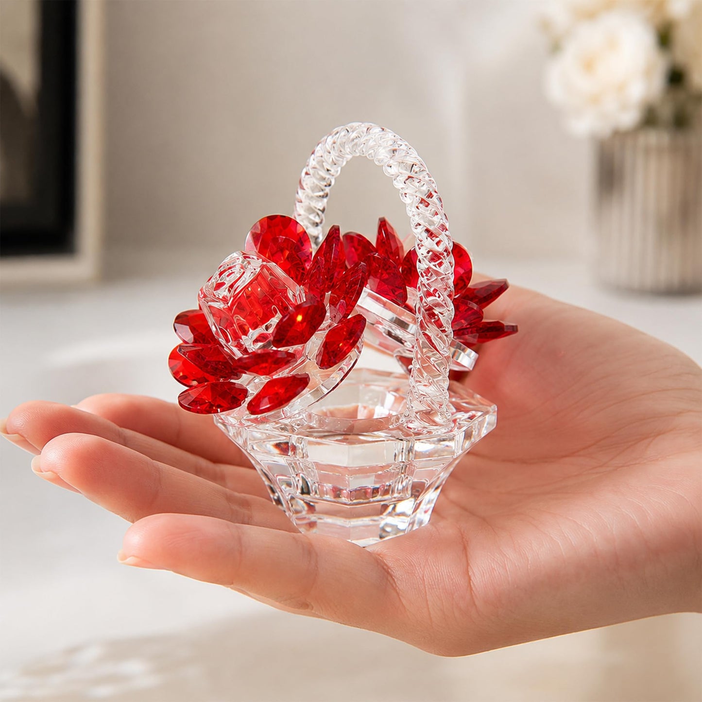 H&D HYALINE & DORA Crystal Red Rose Flower Basket Crystal Collectible Figurines Ornaments for Home Decor Table Centerpiece