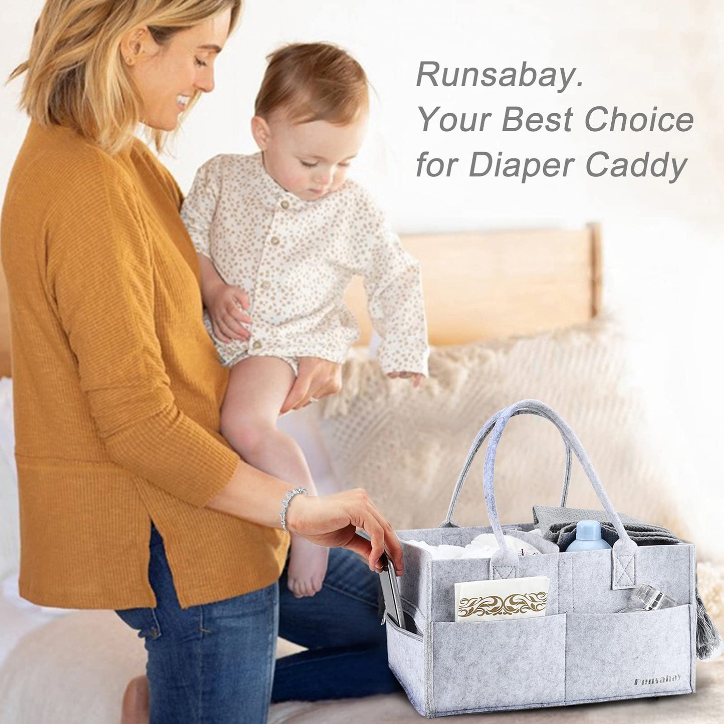 Runsabay Baby Diaper Caddy Organizer, Portable Baby Essentials Storage Basket Bin for Changing Table,Car Shower Basket for Newborn Boy and Girl, Best Shower Gift for New Mom