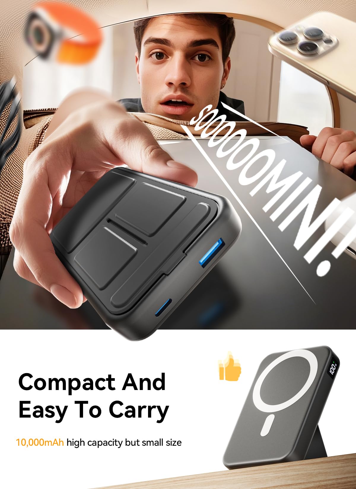 Magnetic Portable Charger, 10000mAh Wireless Power Bank with 20W USB-C Fast Charging, Foldable Stand & LED Display Magnetic Battery Pack, Compatible with iPhone 16/15/14/ All Series