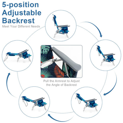 GYMAX Beach Chairs, Backpack Camping Chair with Armrest, Cooler Bag, Cup Holder, Towel Bar & Side Pockets, Sunbath Sling Tanning Lounge, Folding Layout Chair (with Table, Coconut Tree)